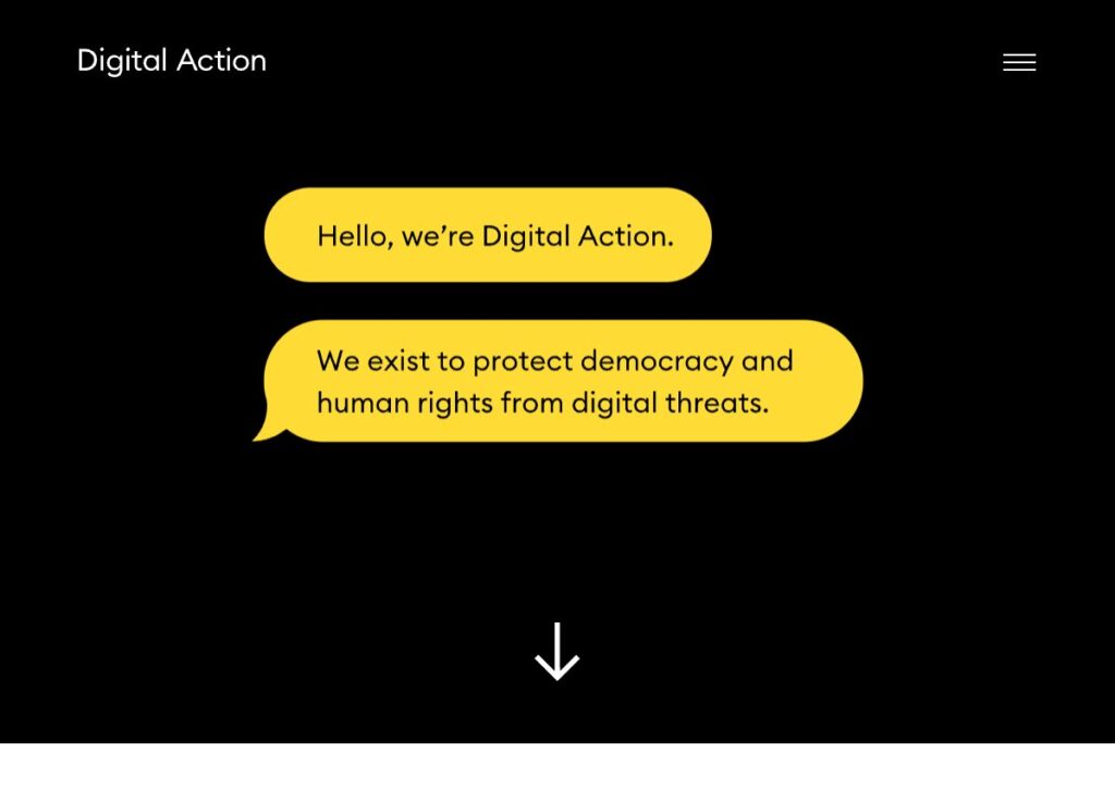 Digital Action website homepage showing an introductory message