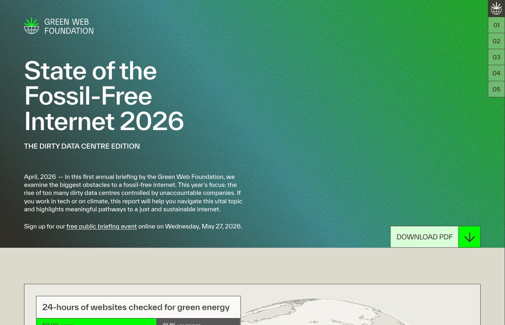 State of the Fossil-Free Internet 2026 website homepage